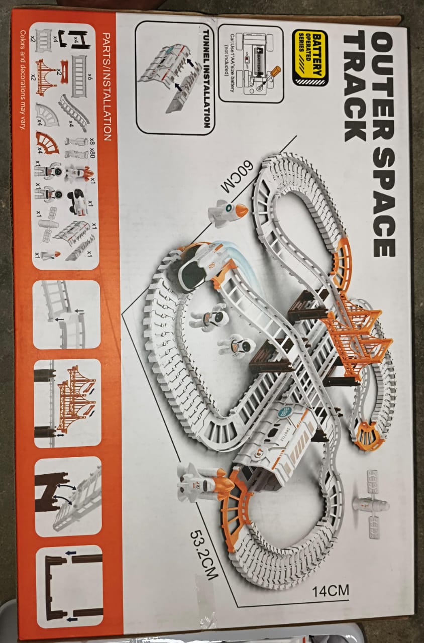Components of the Space Race Track Set laid out for assembly.