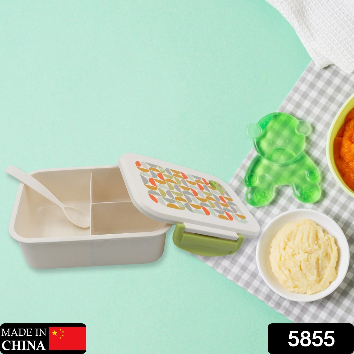 Open 3 compartment tiffin box showcasing separate sections for organized meals.