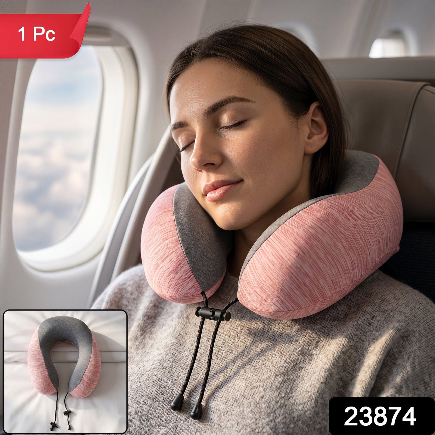 Pink grey neck pillow with drawstring toggle for adjustable fit