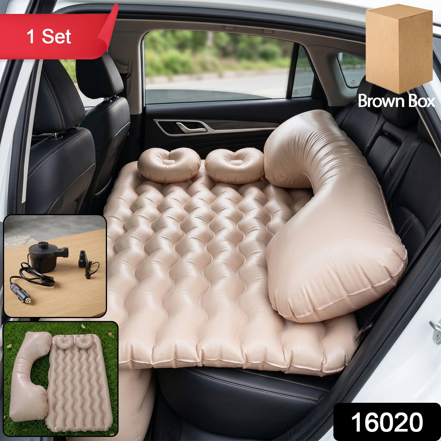 Portable inflatable car mattress set with included electric pump.