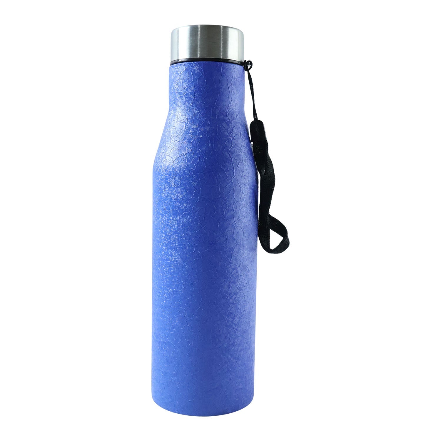 Side view of blue stainless steel water bottle 1000ML with strap